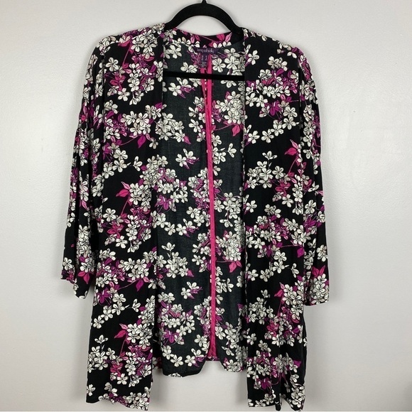 Long Tall Sally Floral 3/4 Sleeves Kimono Size 8 Black White Pink - Picture 2 of 10
